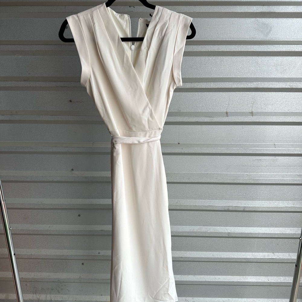 BCBG Cream Sheath Midi Dress Wrap Tie Front